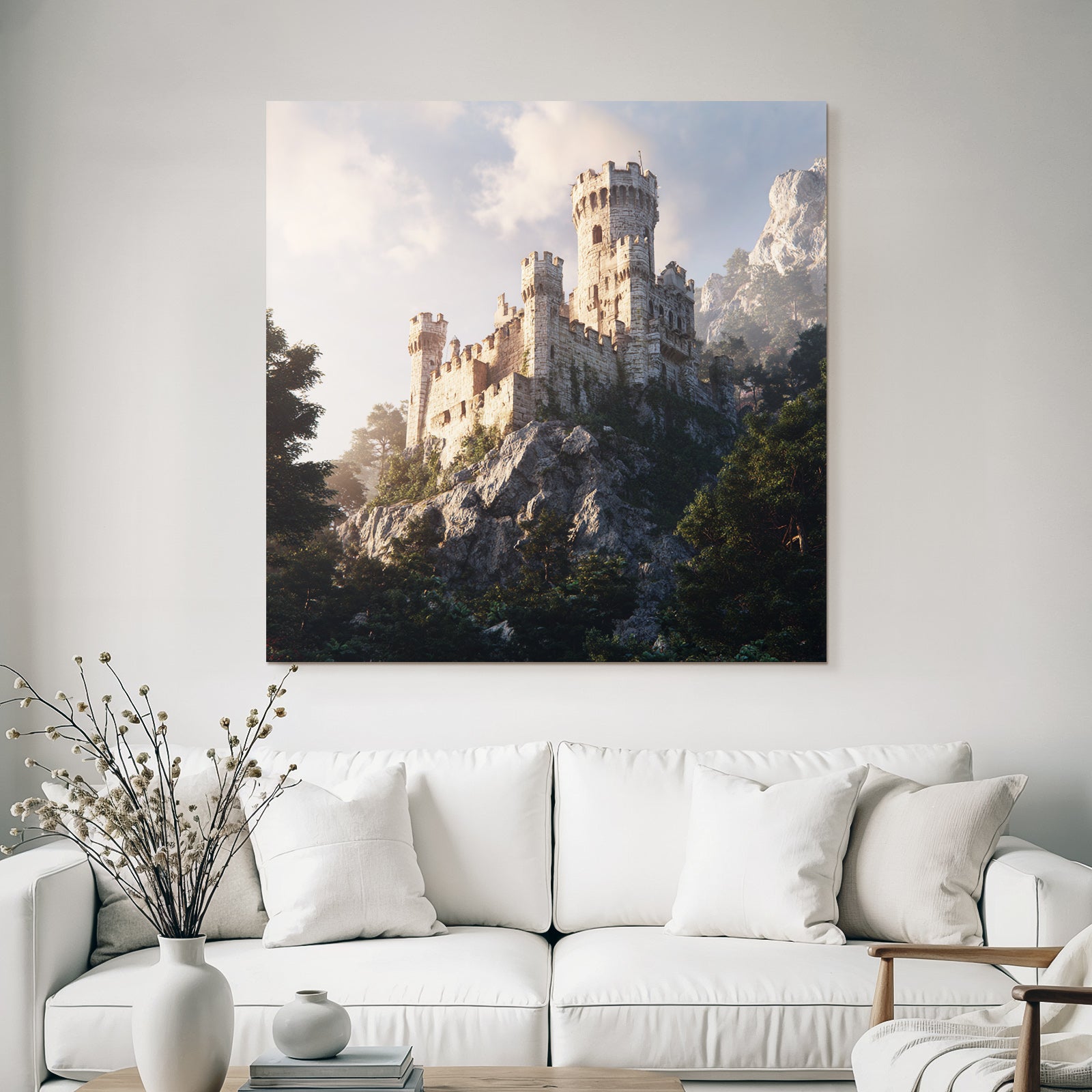 Majestic castle on rock in green with mountains background