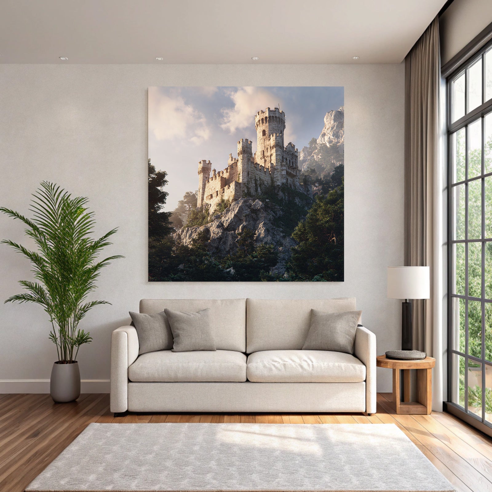 Majestic castle on rock in green with mountains background