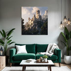 Majestic castle on rock in green with mountains background