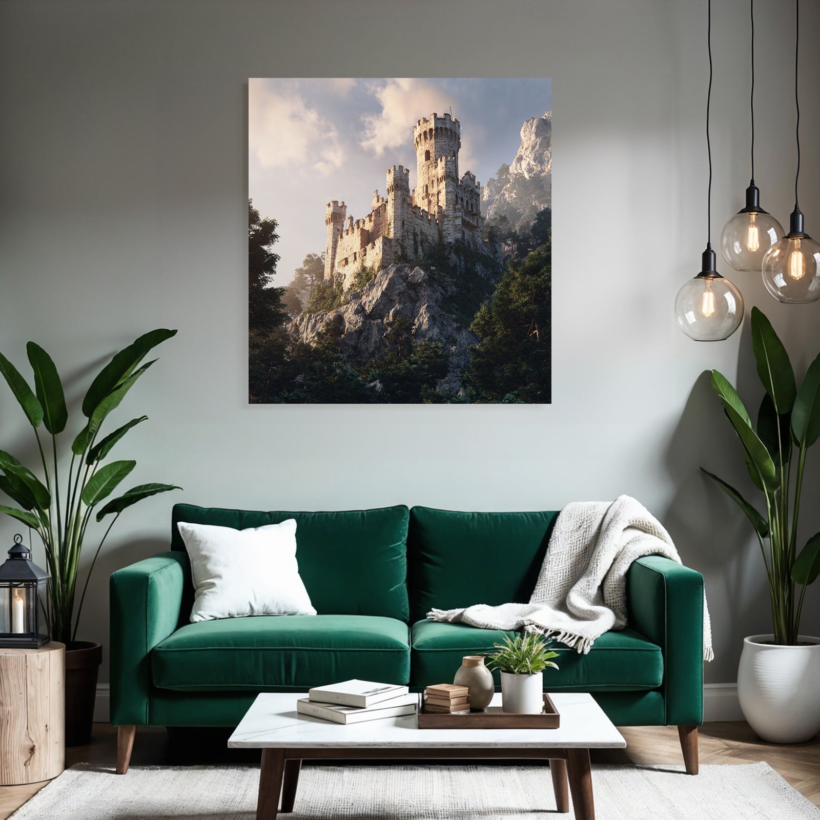 Majestic castle on rock in green with mountains background