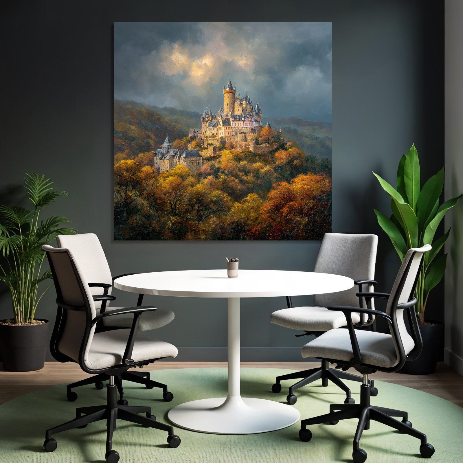 Picturesque castle in autumn landscape with impressive sky