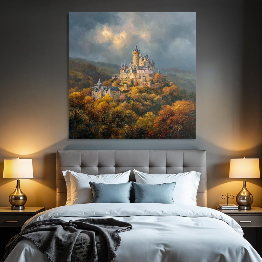 Picturesque castle in autumn landscape with impressive sky