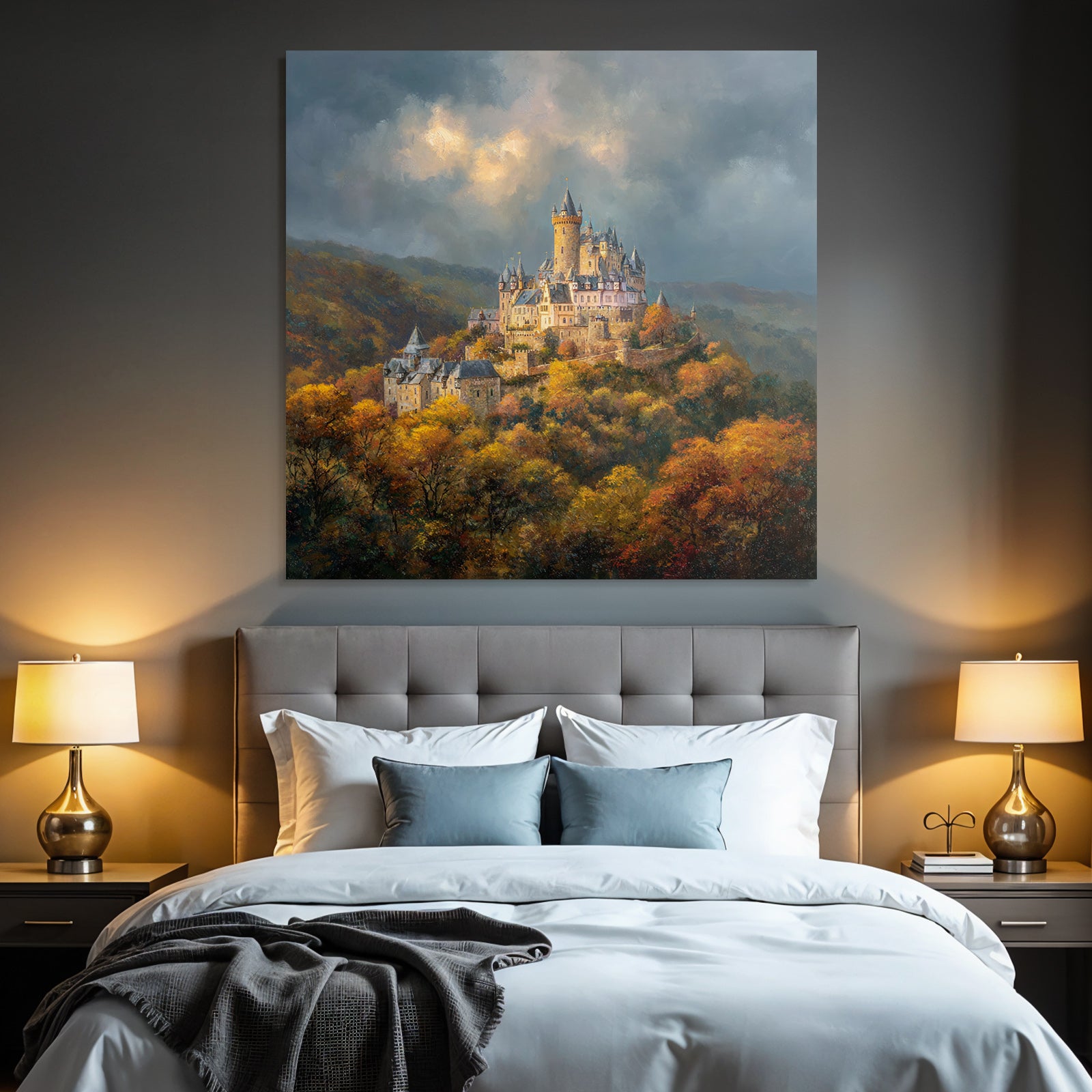 Picturesque castle in autumn landscape with impressive sky