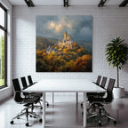 Picturesque castle in autumn landscape with impressive sky