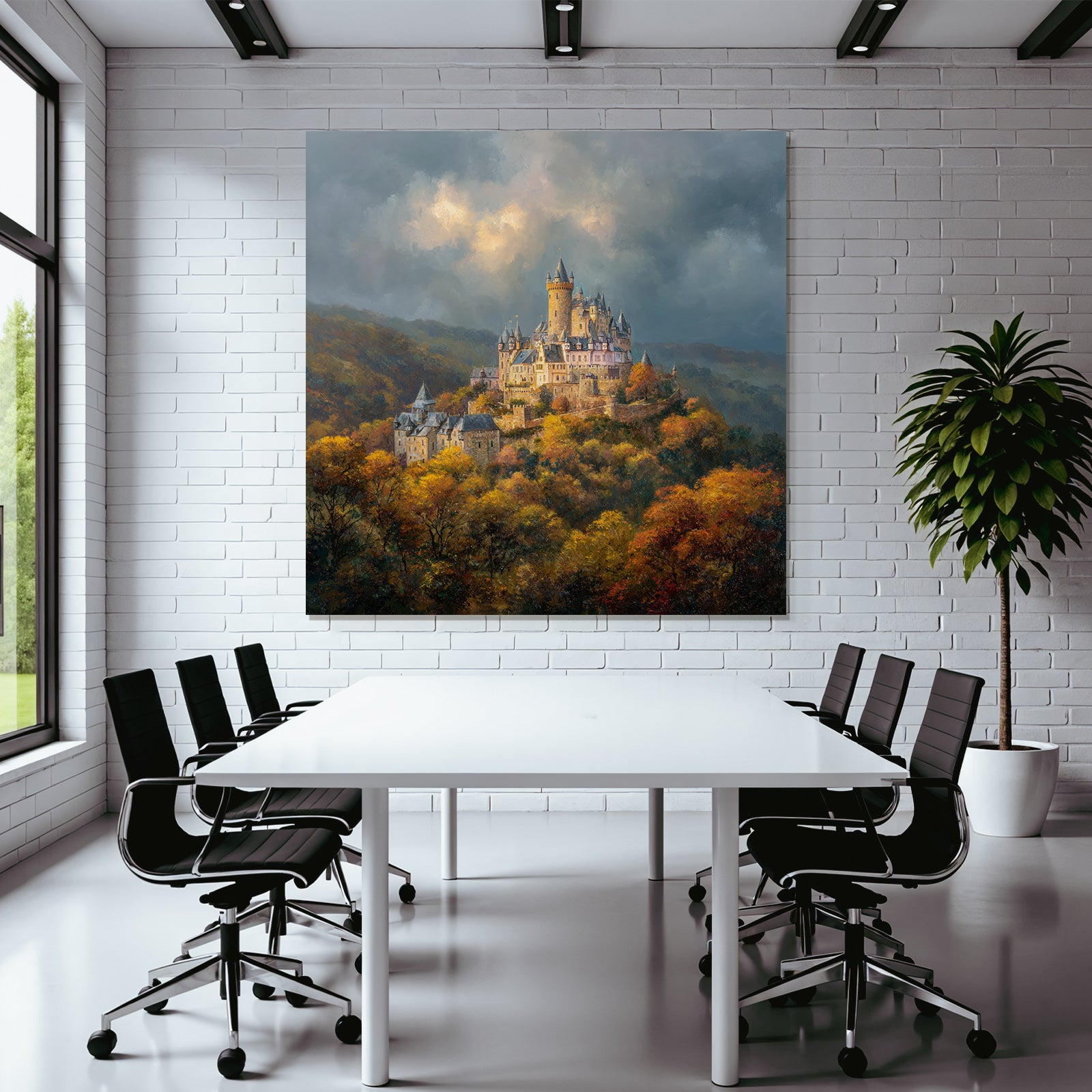 Picturesque castle in autumn landscape with impressive sky