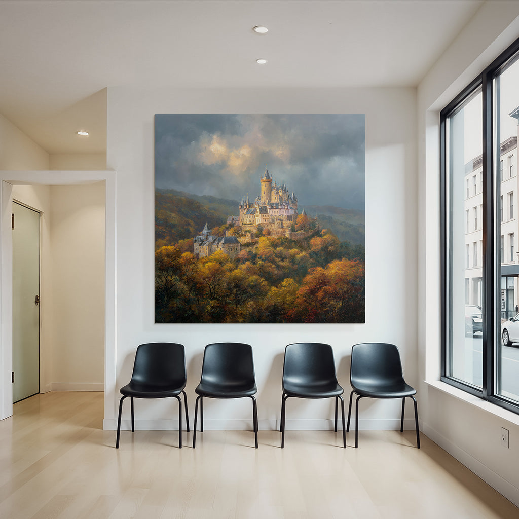 Picturesque castle in autumn landscape with impressive sky