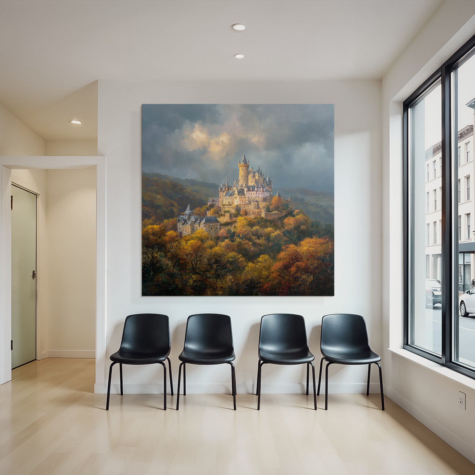 Picturesque castle in autumn landscape with impressive sky