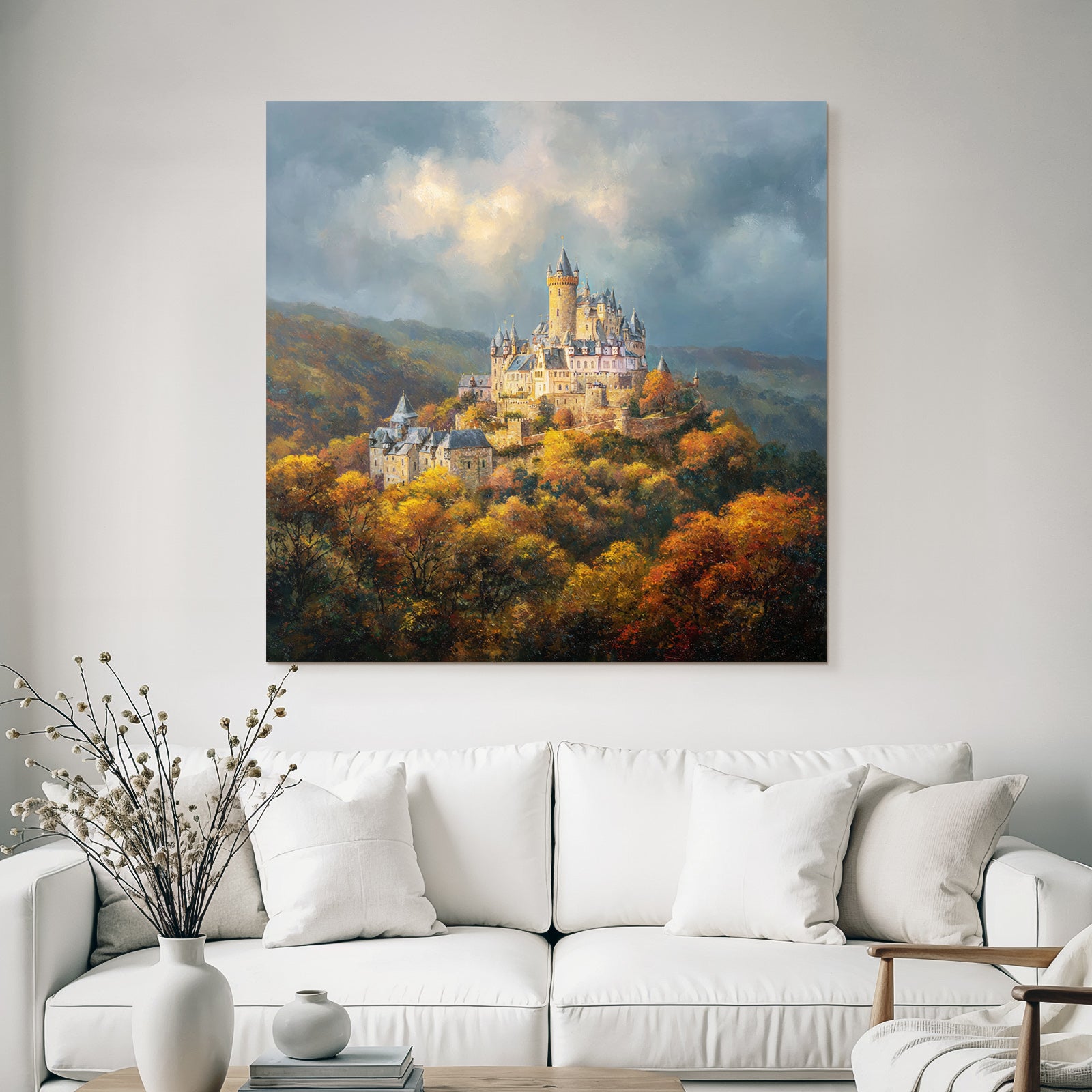 Picturesque castle in autumn landscape with impressive sky