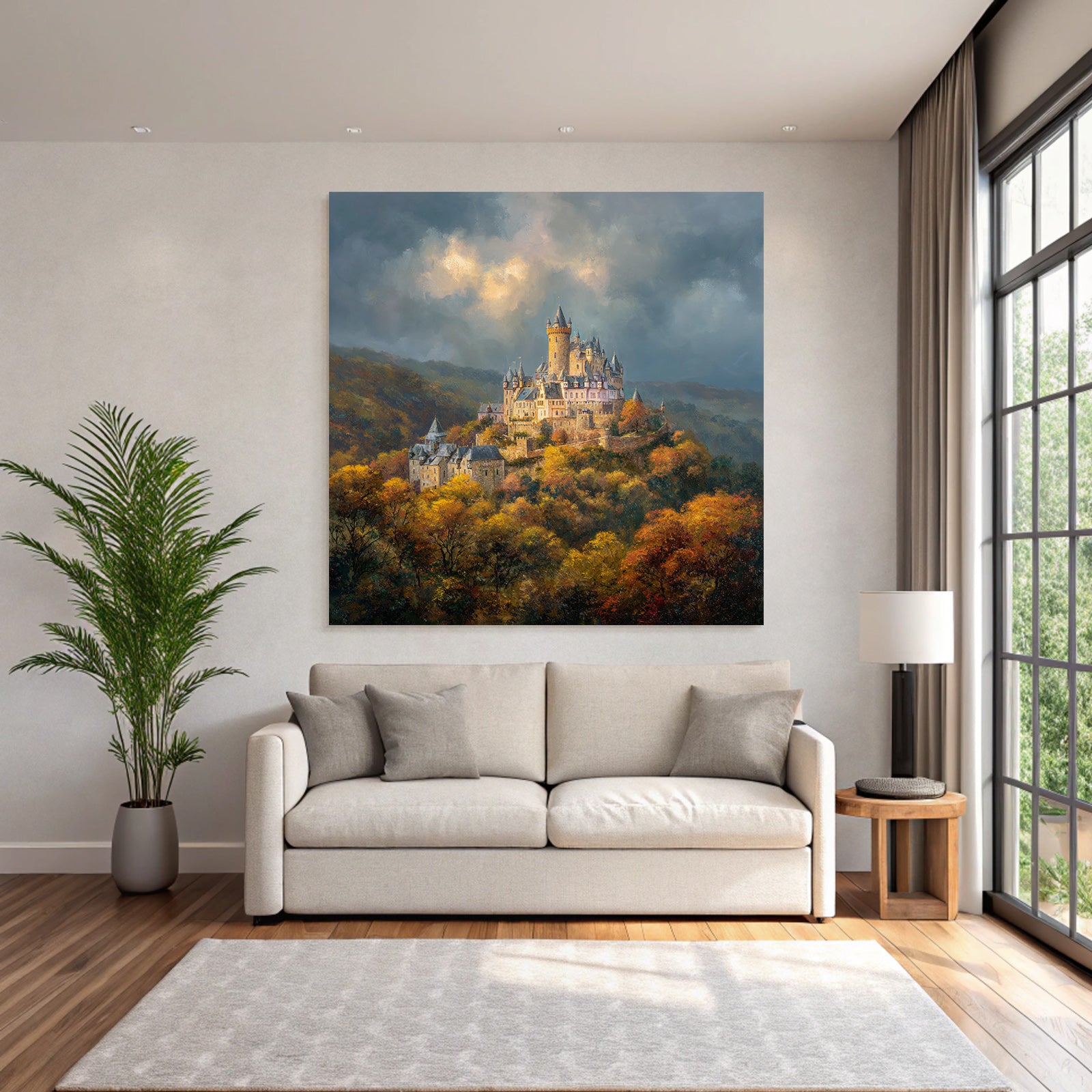 Picturesque castle in autumn landscape with impressive sky