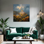 Picturesque castle in autumn landscape with impressive sky