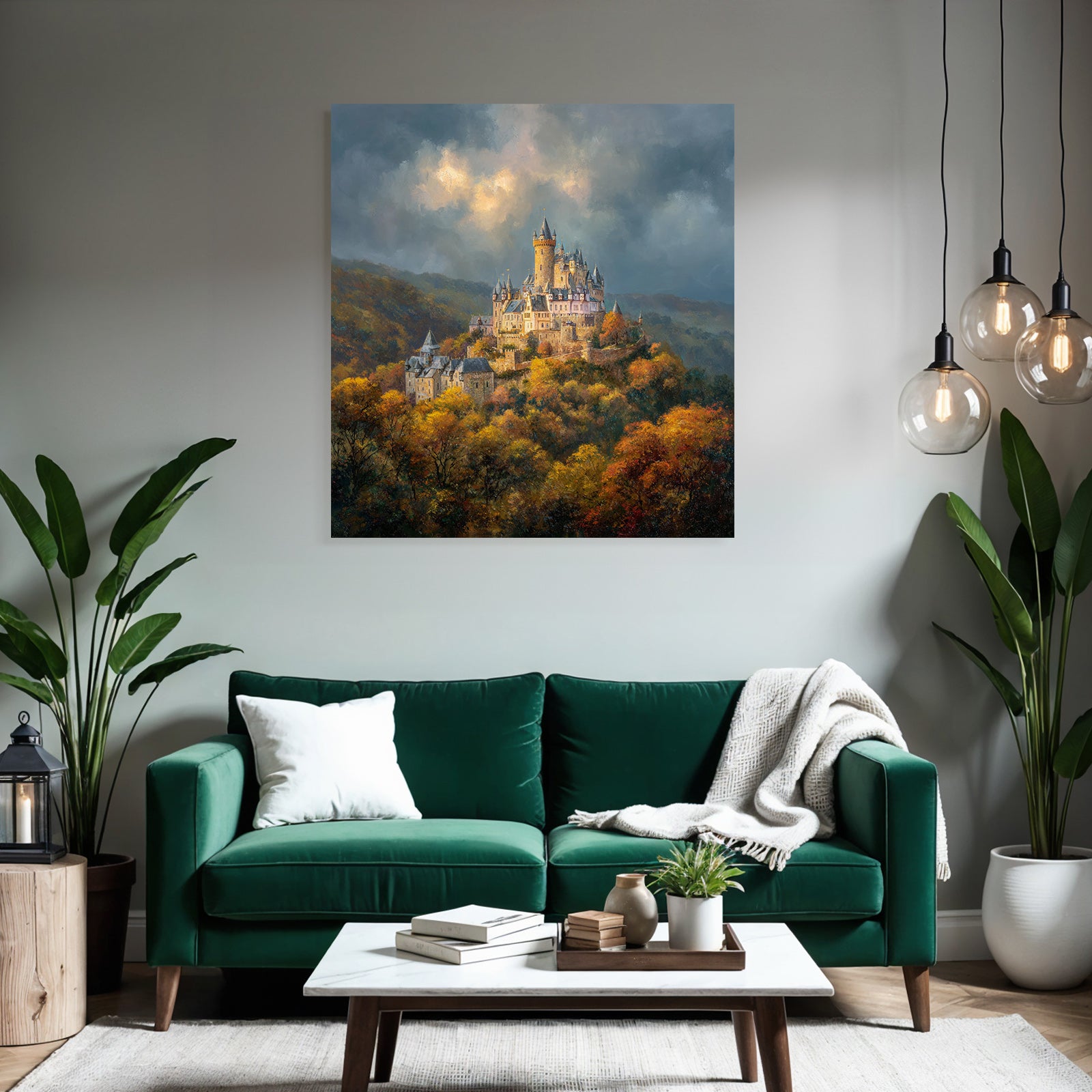 Picturesque castle in autumn landscape with impressive sky