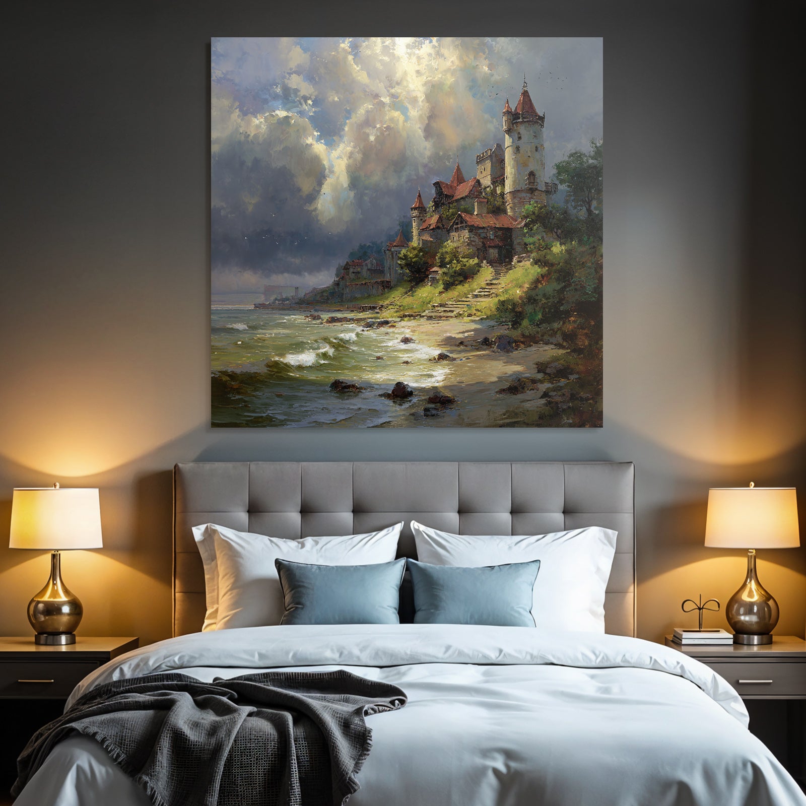 Picturesque landscape with a castle on the shore