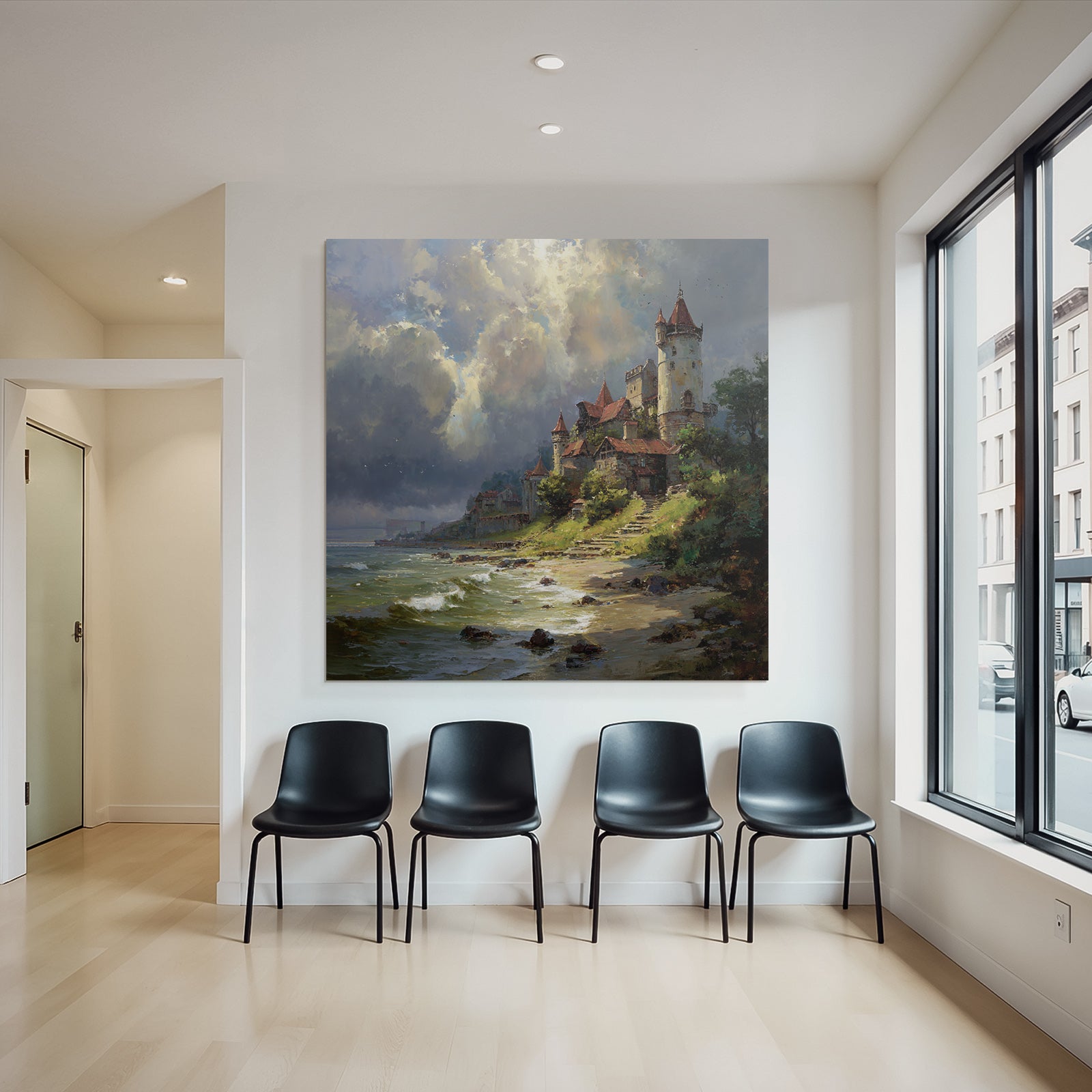 Picturesque landscape with a castle on the shore