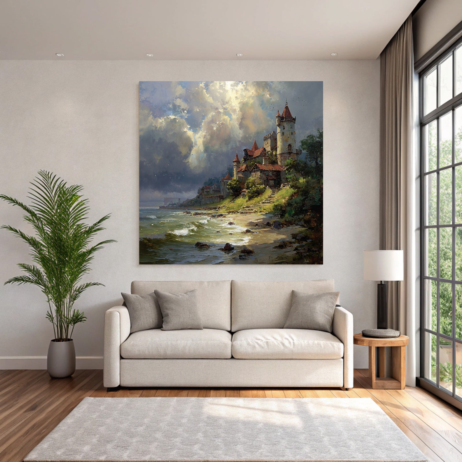 Picturesque landscape with a castle on the shore