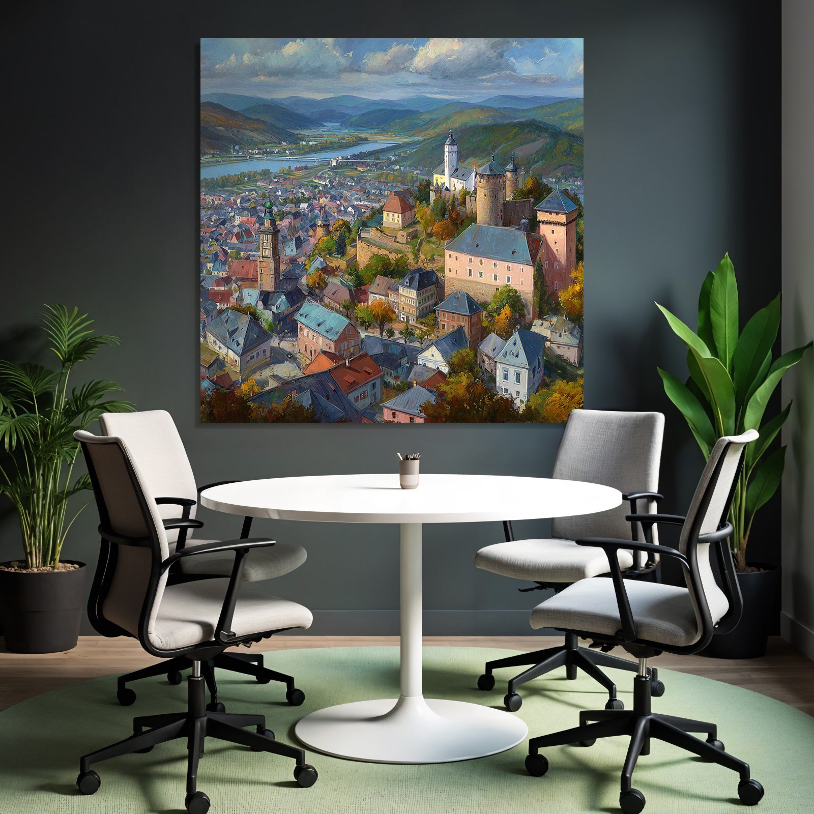 Picturesque town with hills and river