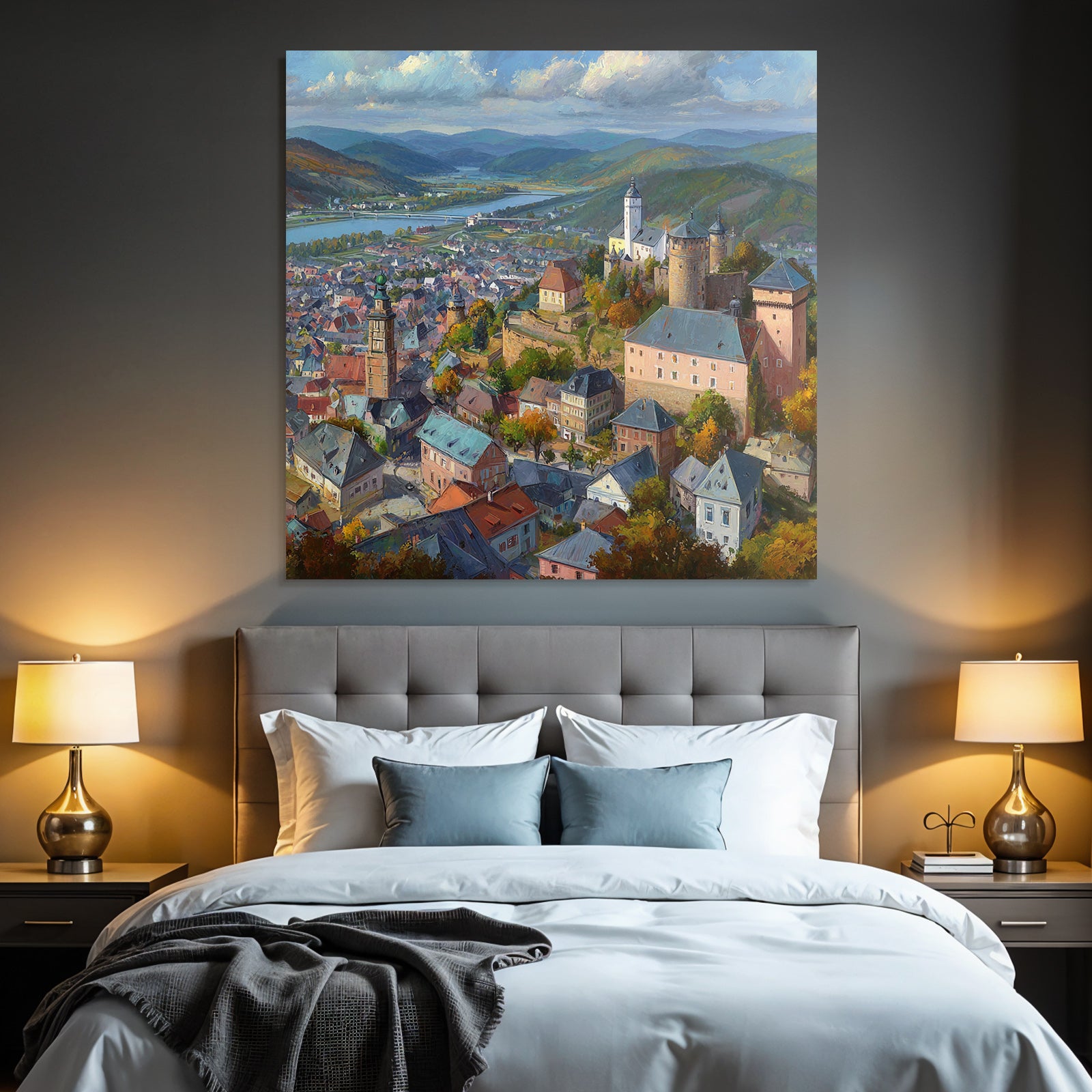 Picturesque town with hills and river