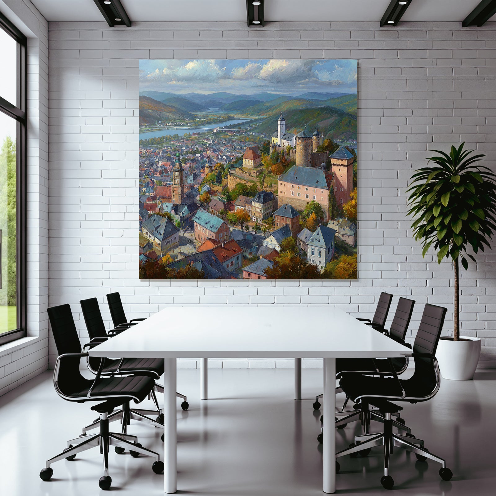 Picturesque town with hills and river