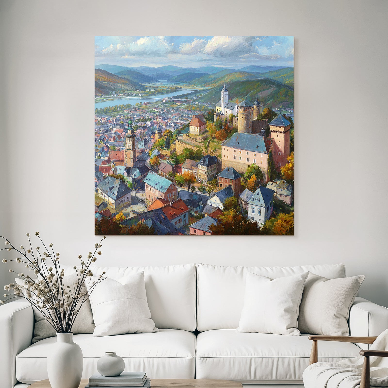 Picturesque town with hills and river