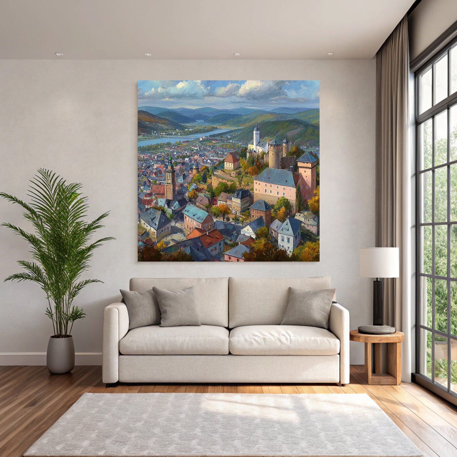 Picturesque town with hills and river