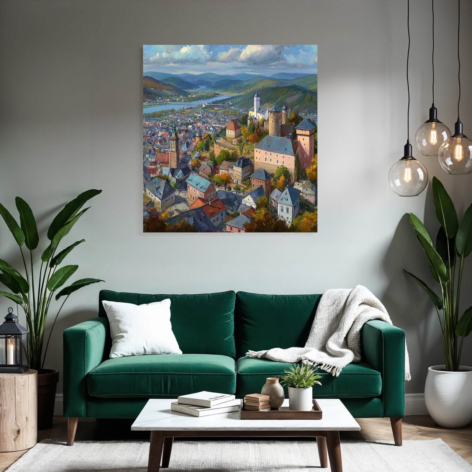 Picturesque town with hills and river