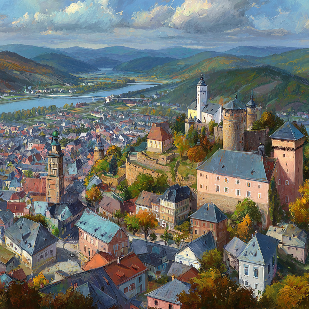 Malerische Stadt Mit Hügel Und Fluss | Scloesser und Burgen | Architektur