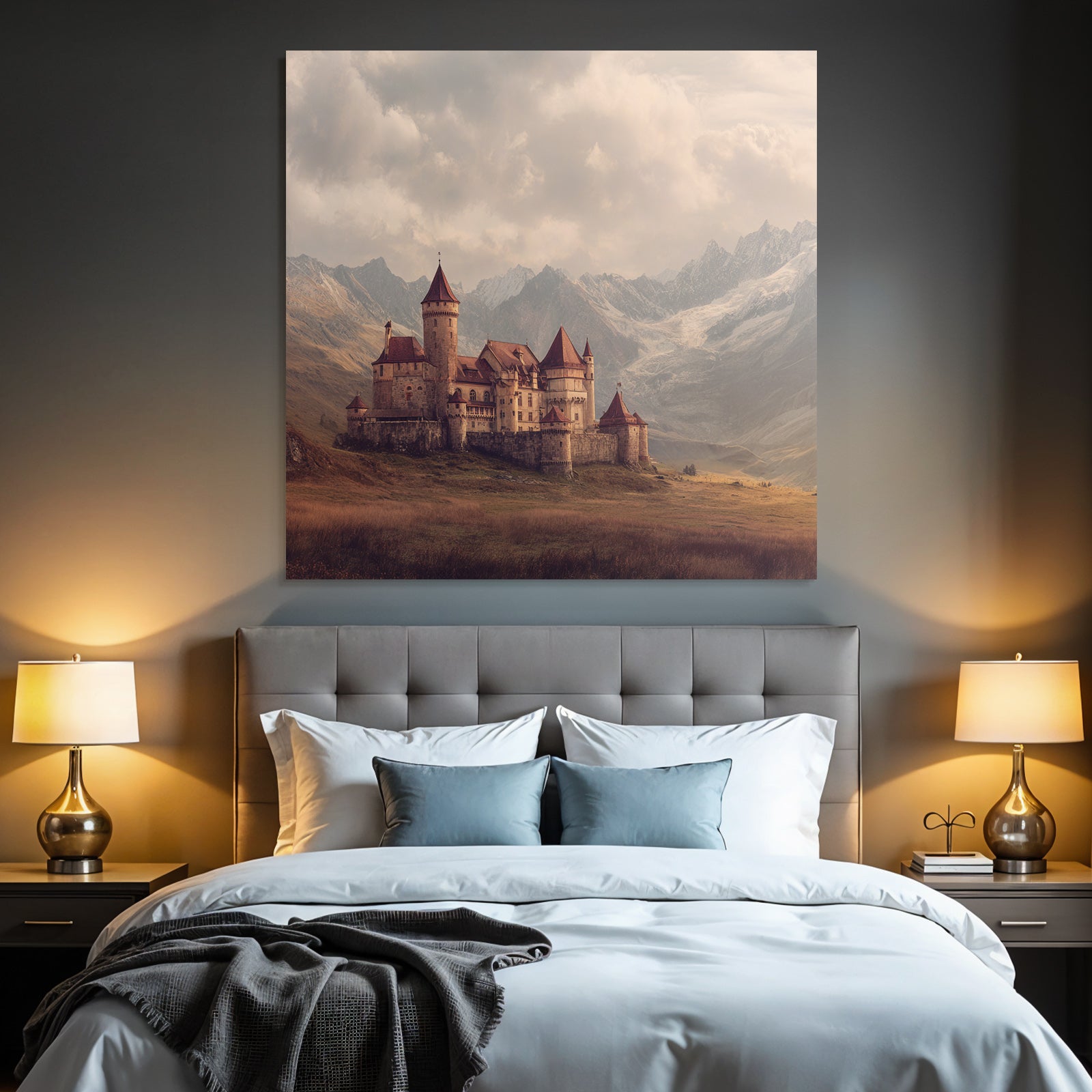 Picturesque castle with mountains in the background