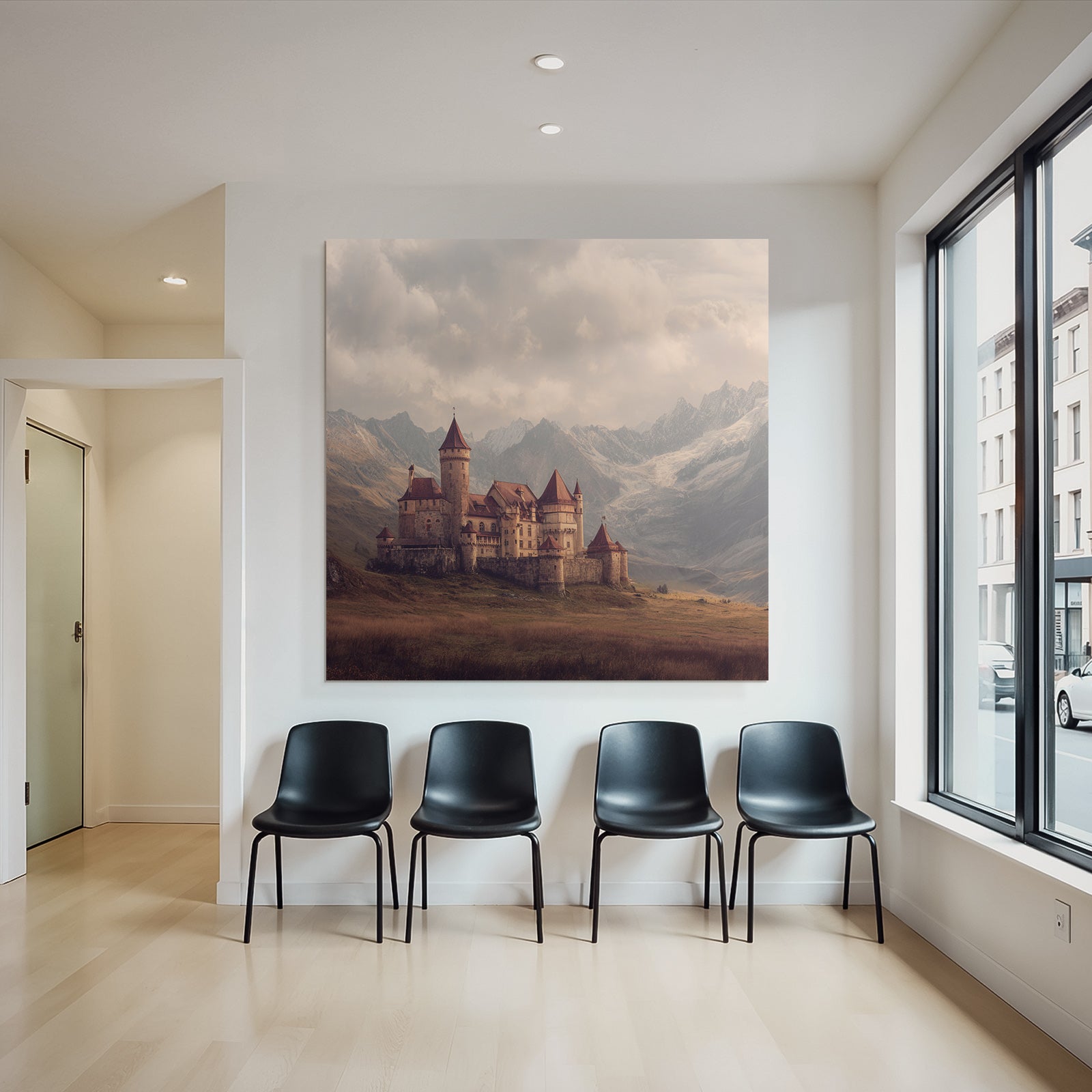 Picturesque castle with mountains in the background