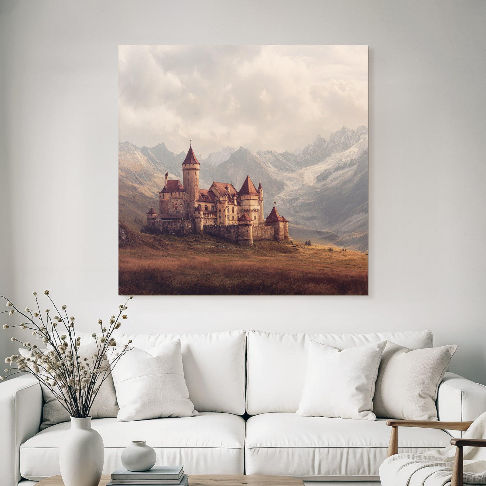 Picturesque castle with mountains in the background
