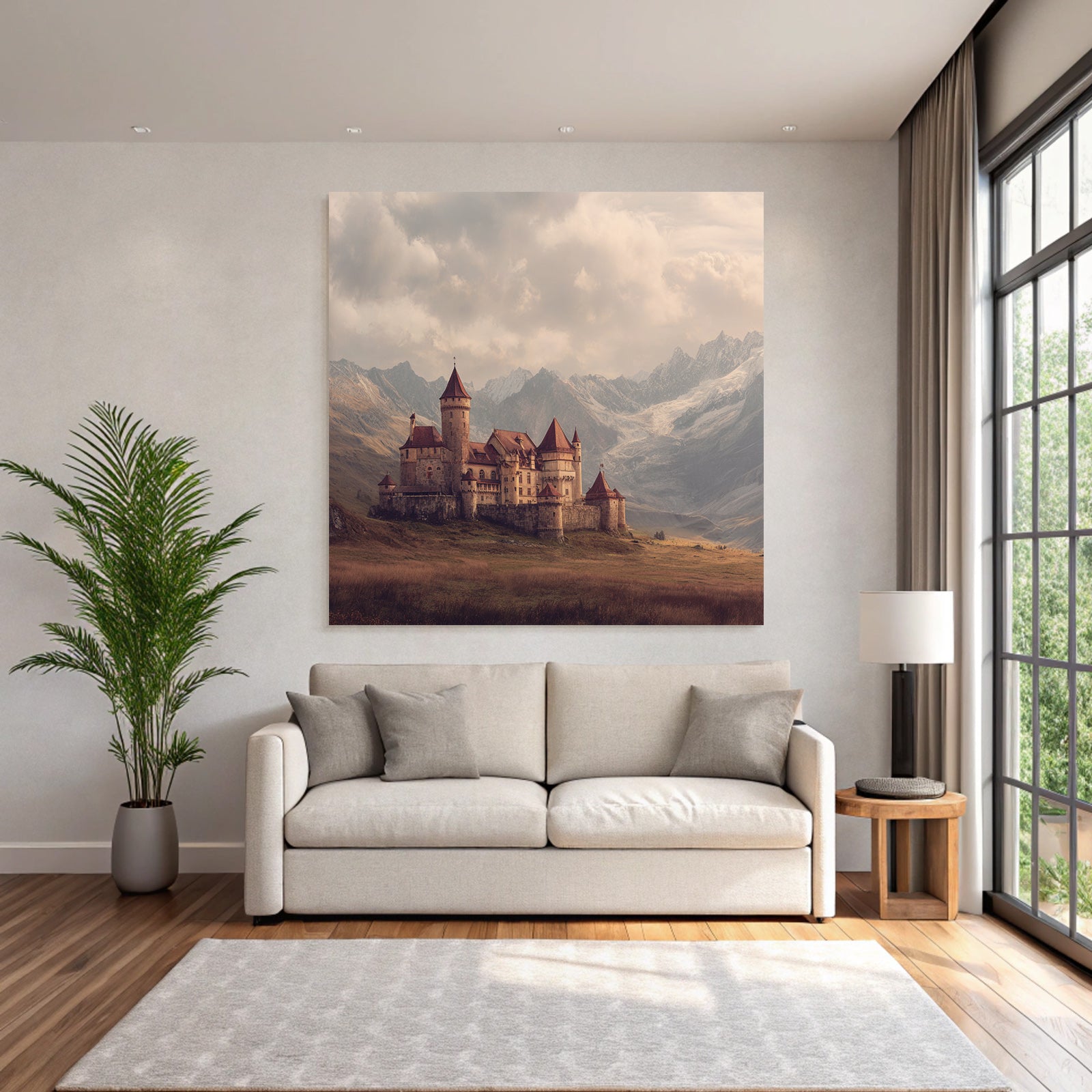 Picturesque castle with mountains in the background