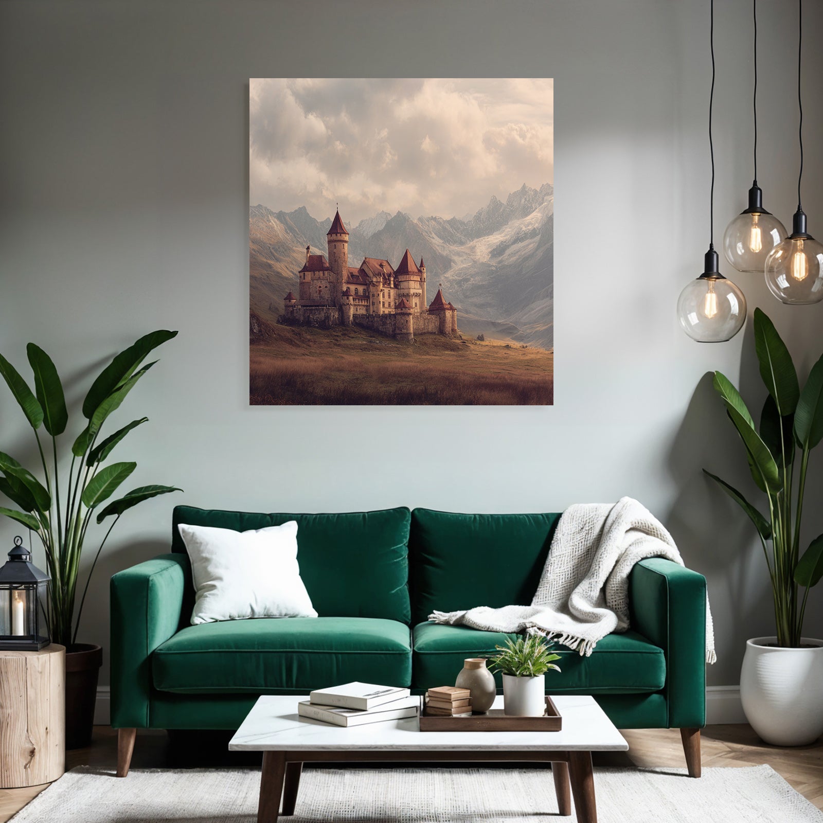 Picturesque castle with mountains in the background