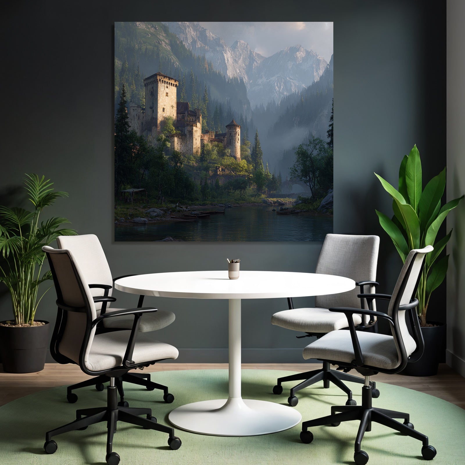 Picturesque castle surrounded by green trees and mountains reflected in the water