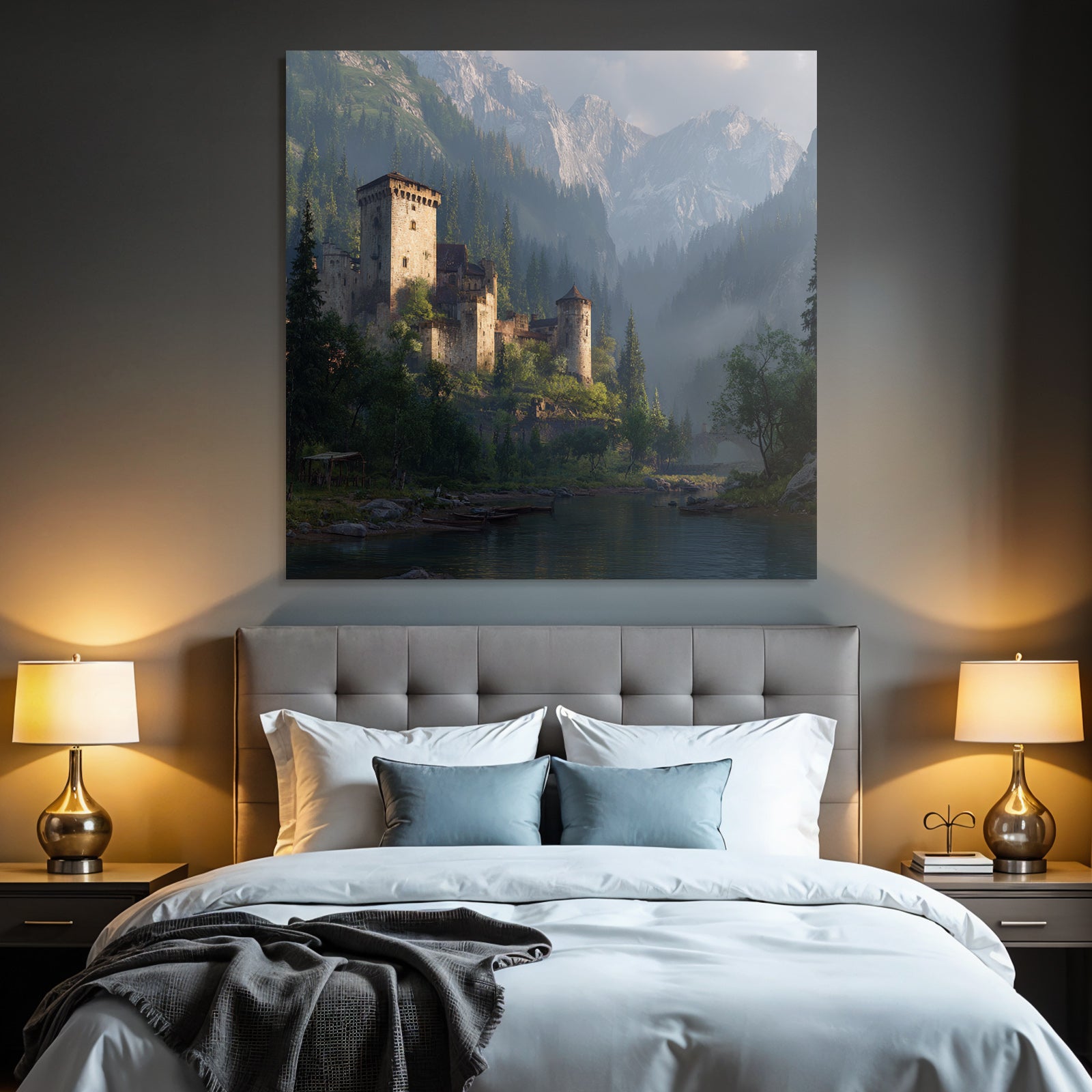 Picturesque castle surrounded by green trees and mountains reflected in the water