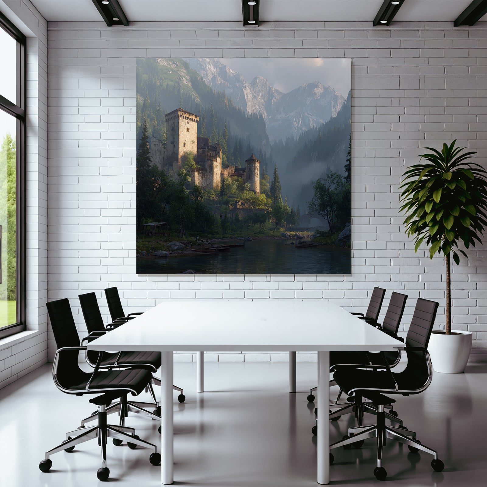 Picturesque castle surrounded by green trees and mountains reflected in the water