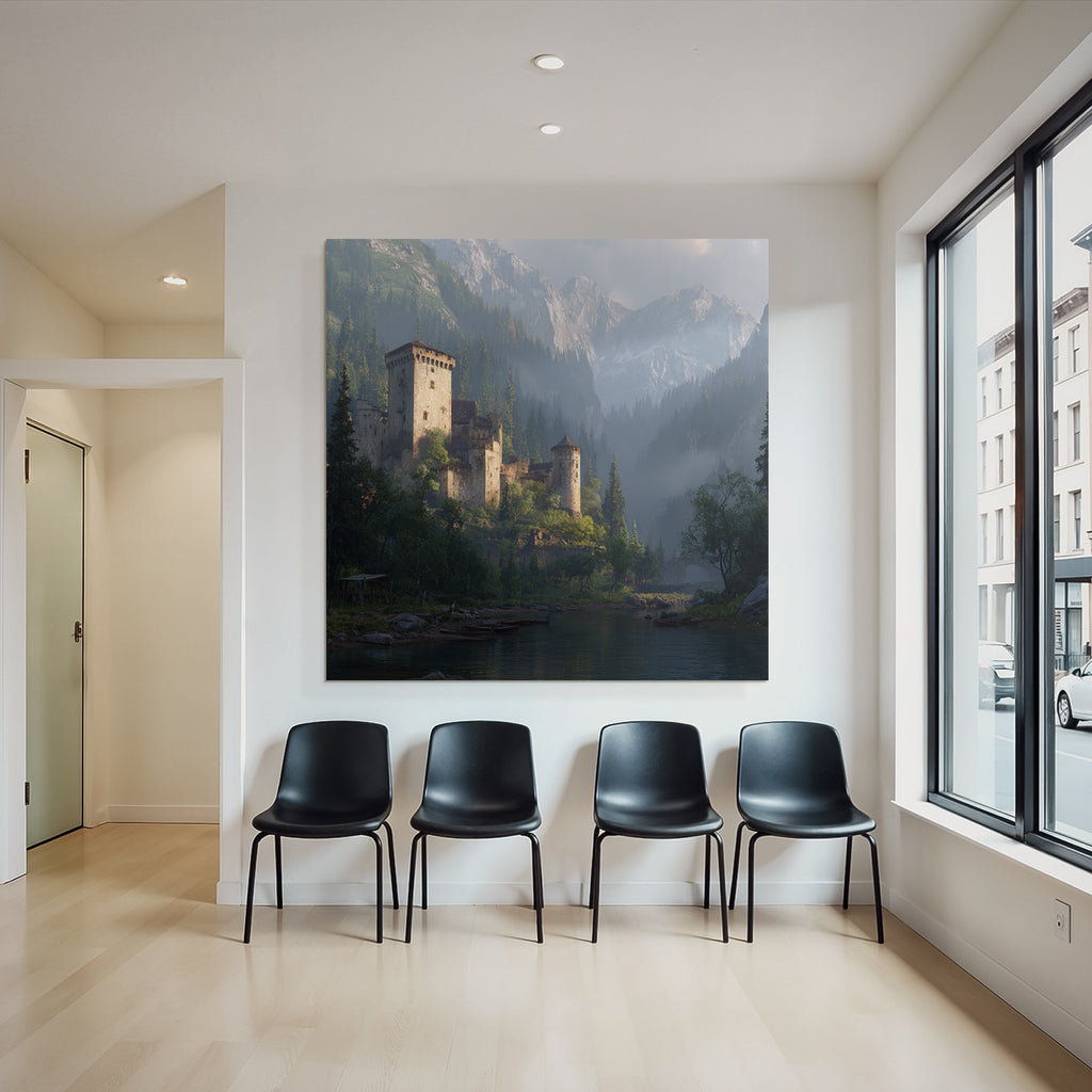 Picturesque castle surrounded by green trees and mountains reflected in the water