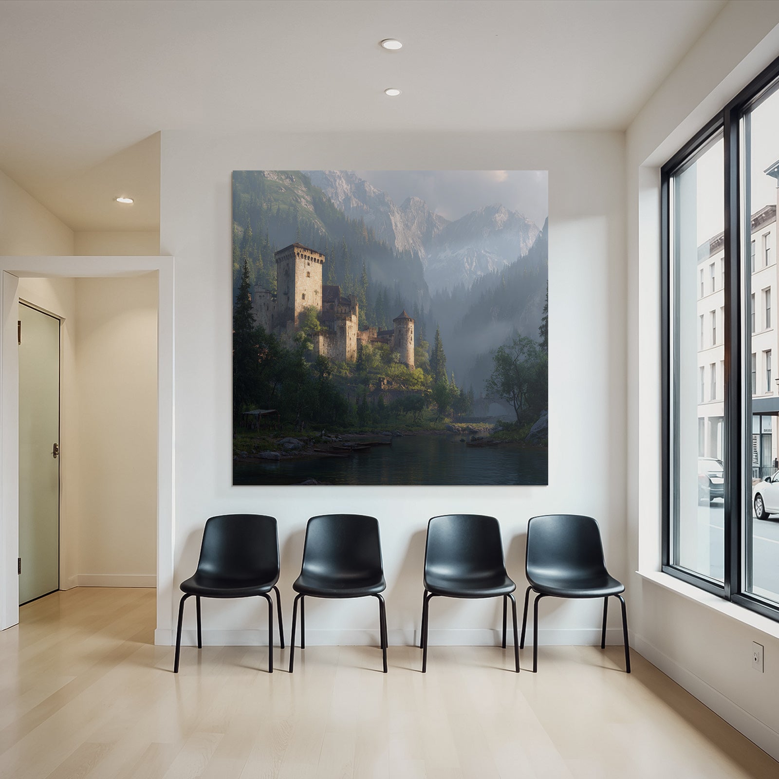 Picturesque castle surrounded by green trees and mountains reflected in the water