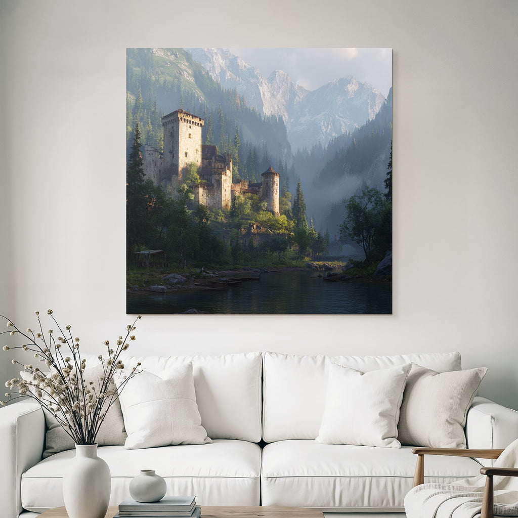 Picturesque castle surrounded by green trees and mountains reflected in the water