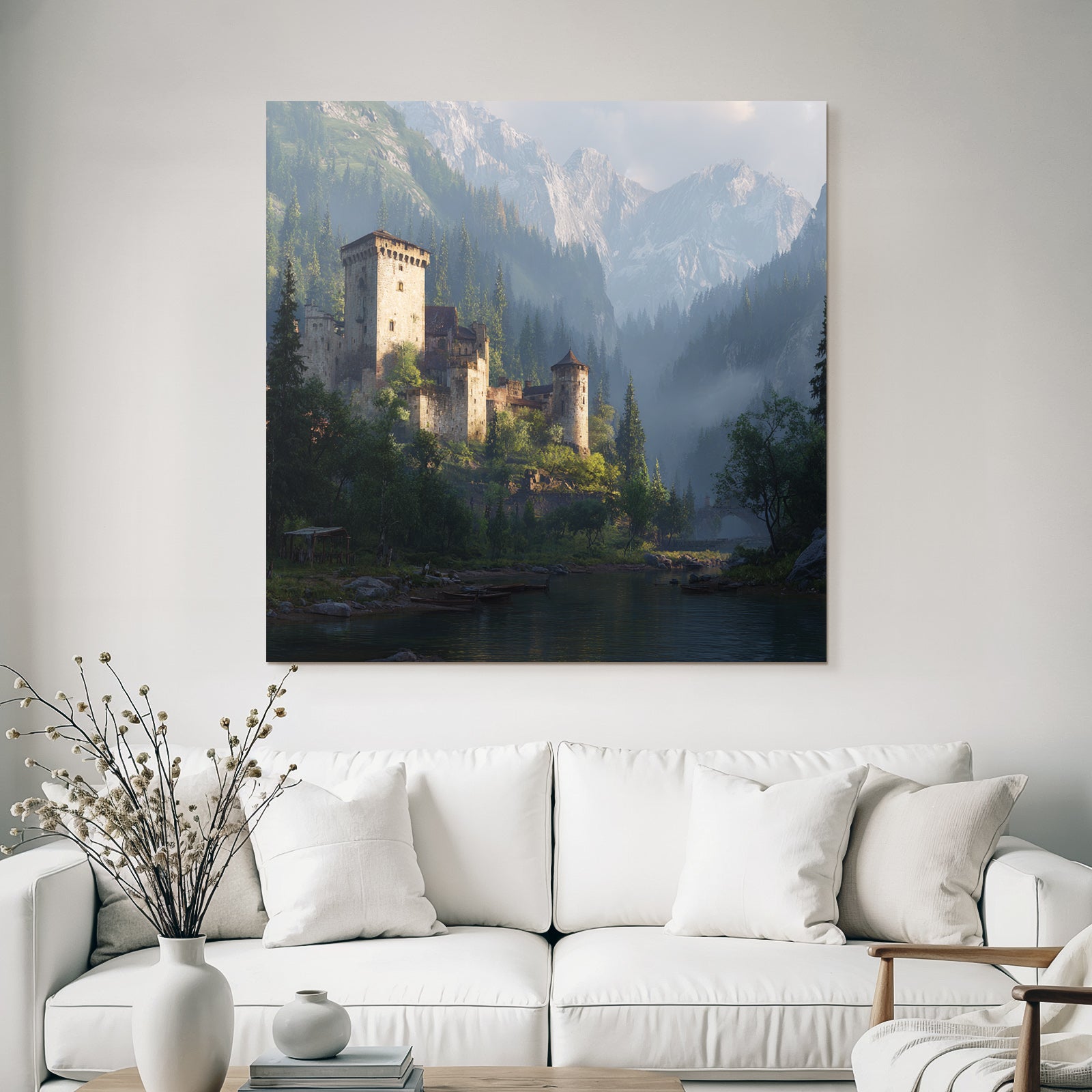 Picturesque castle surrounded by green trees and mountains reflected in the water