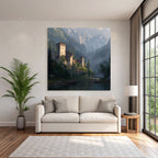 Picturesque castle surrounded by green trees and mountains reflected in the water