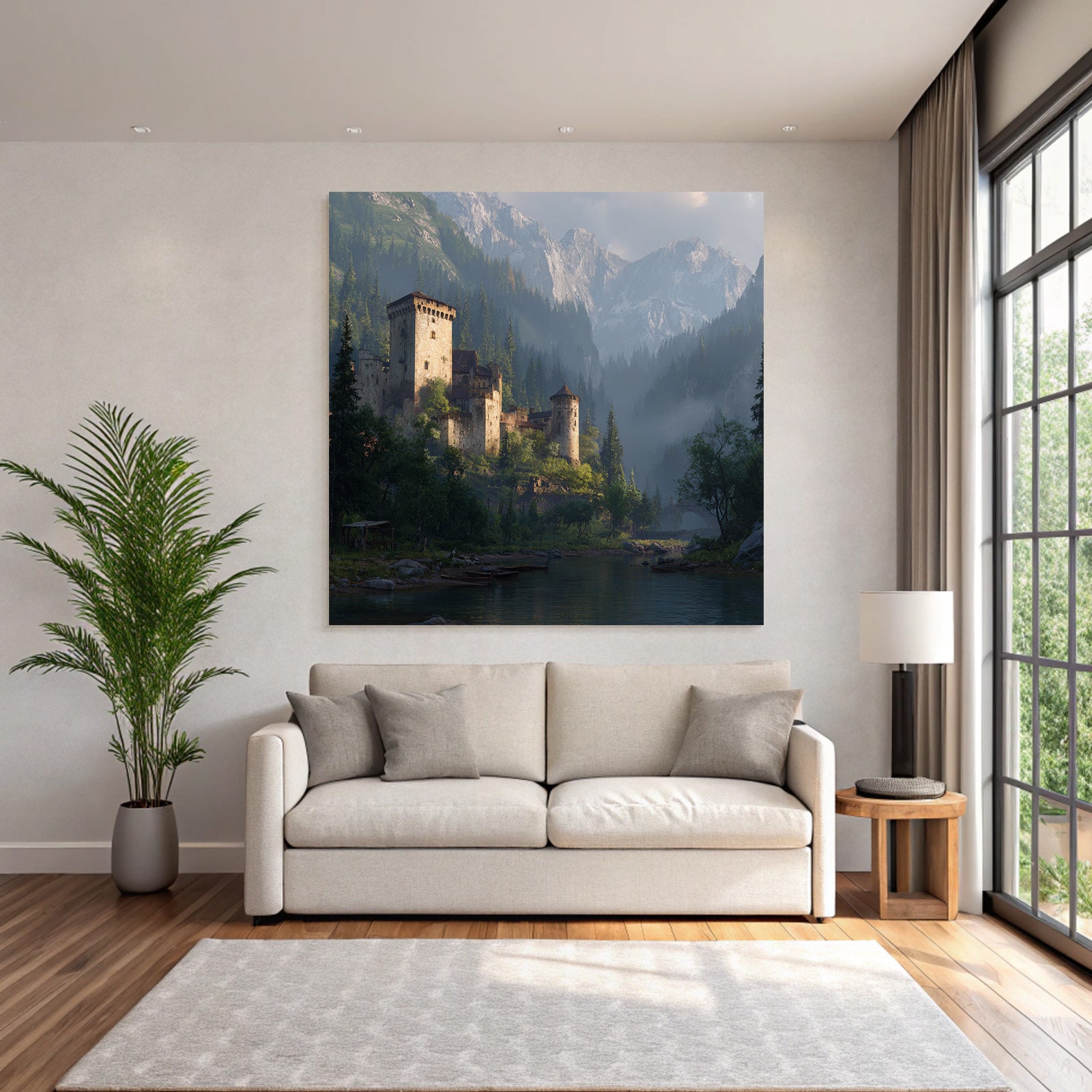 Picturesque castle surrounded by green trees and mountains reflected in the water