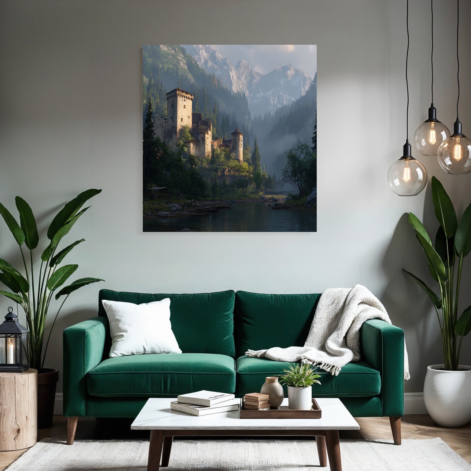 Picturesque castle surrounded by green trees and mountains reflected in the water