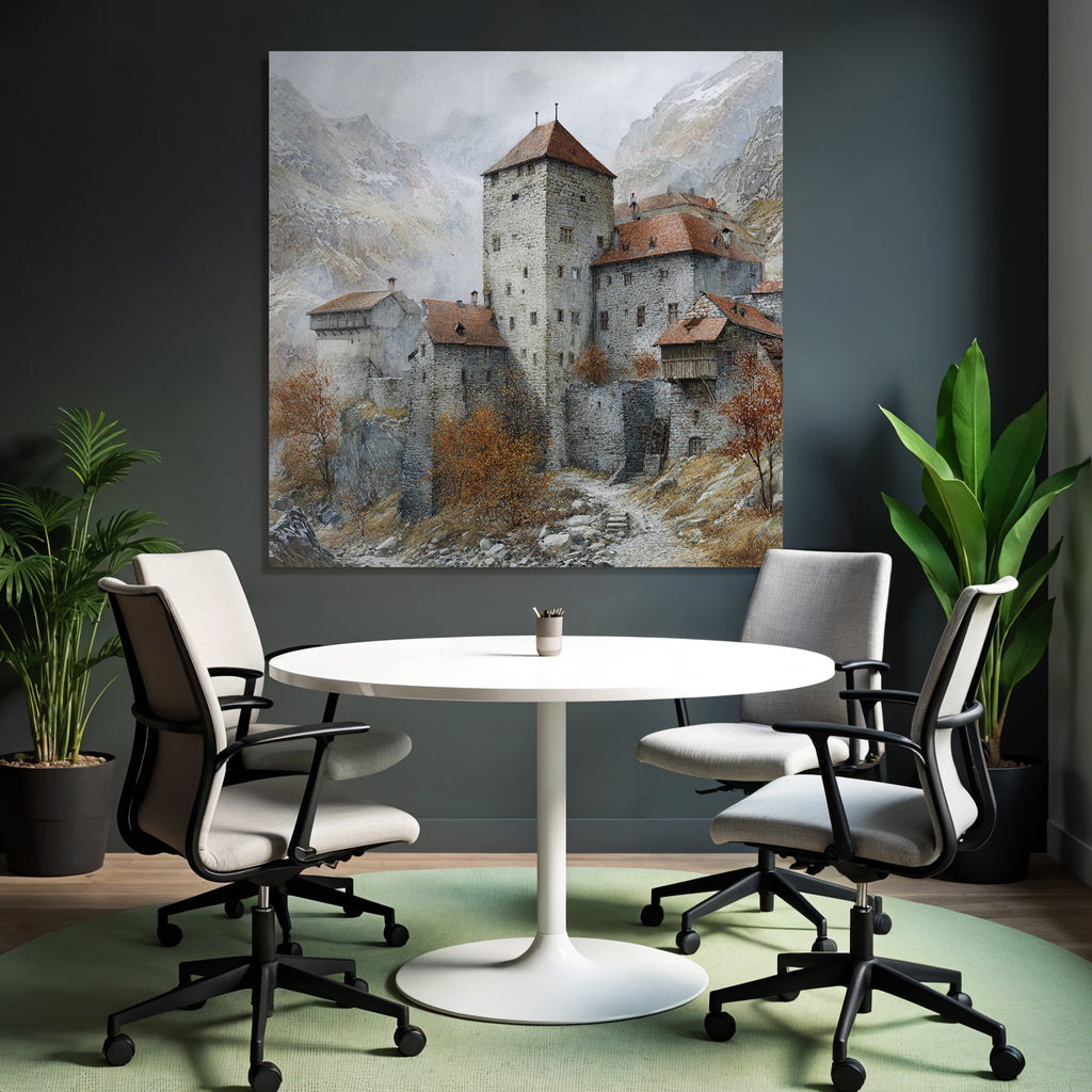 Medieval castle in autumn landscape with misty mountains