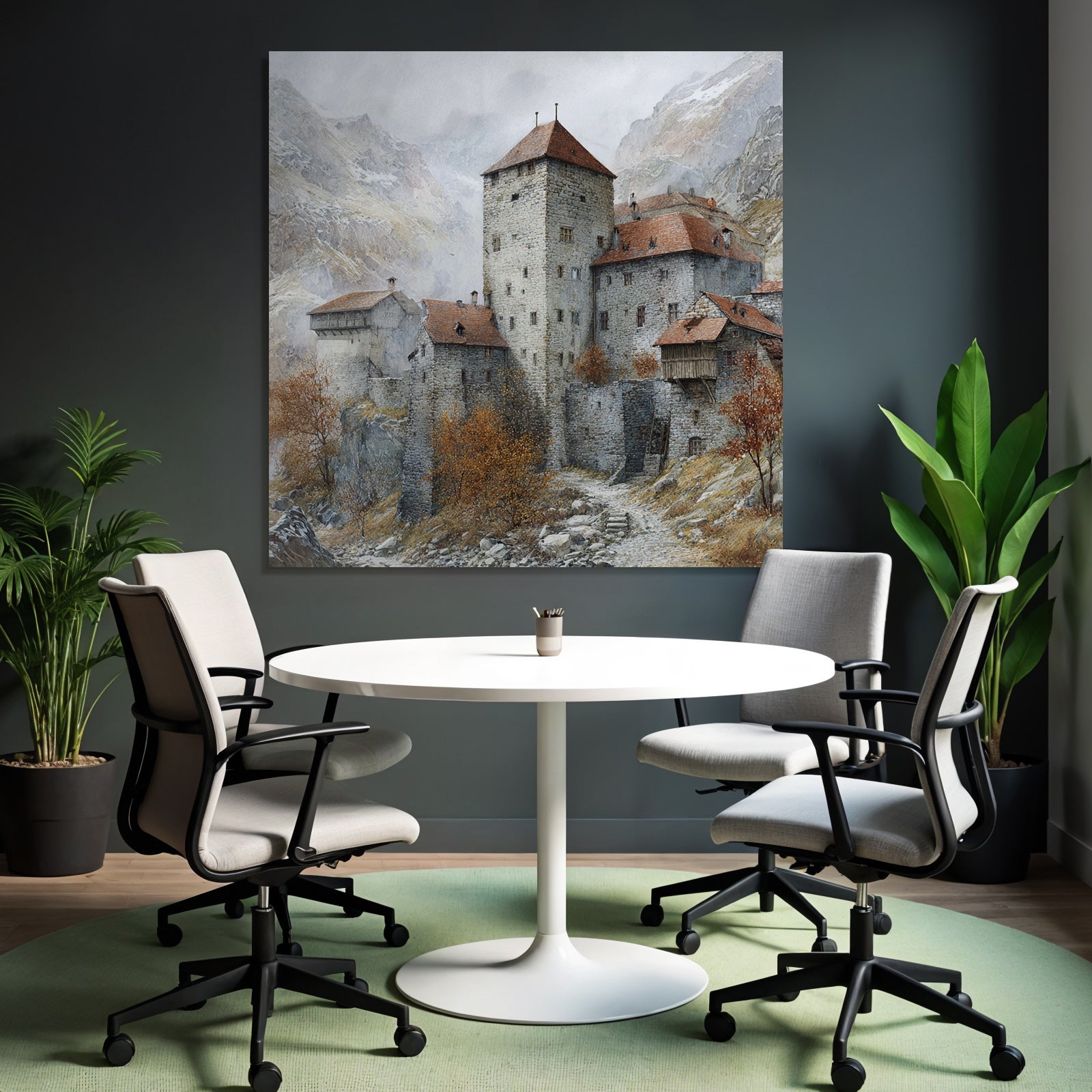 Medieval castle in autumn landscape with misty mountains
