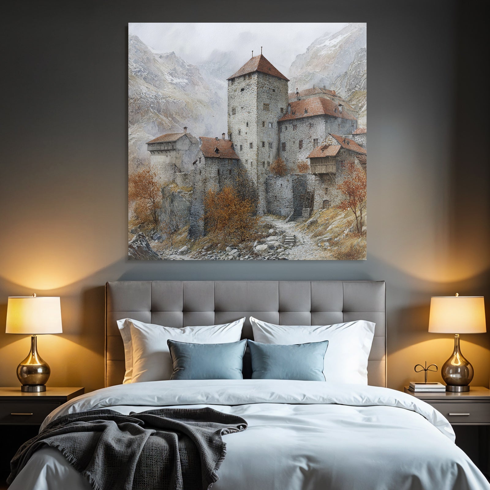 Medieval castle in autumn landscape with misty mountains