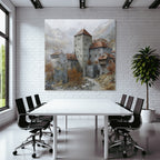 Medieval castle in autumn landscape with misty mountains