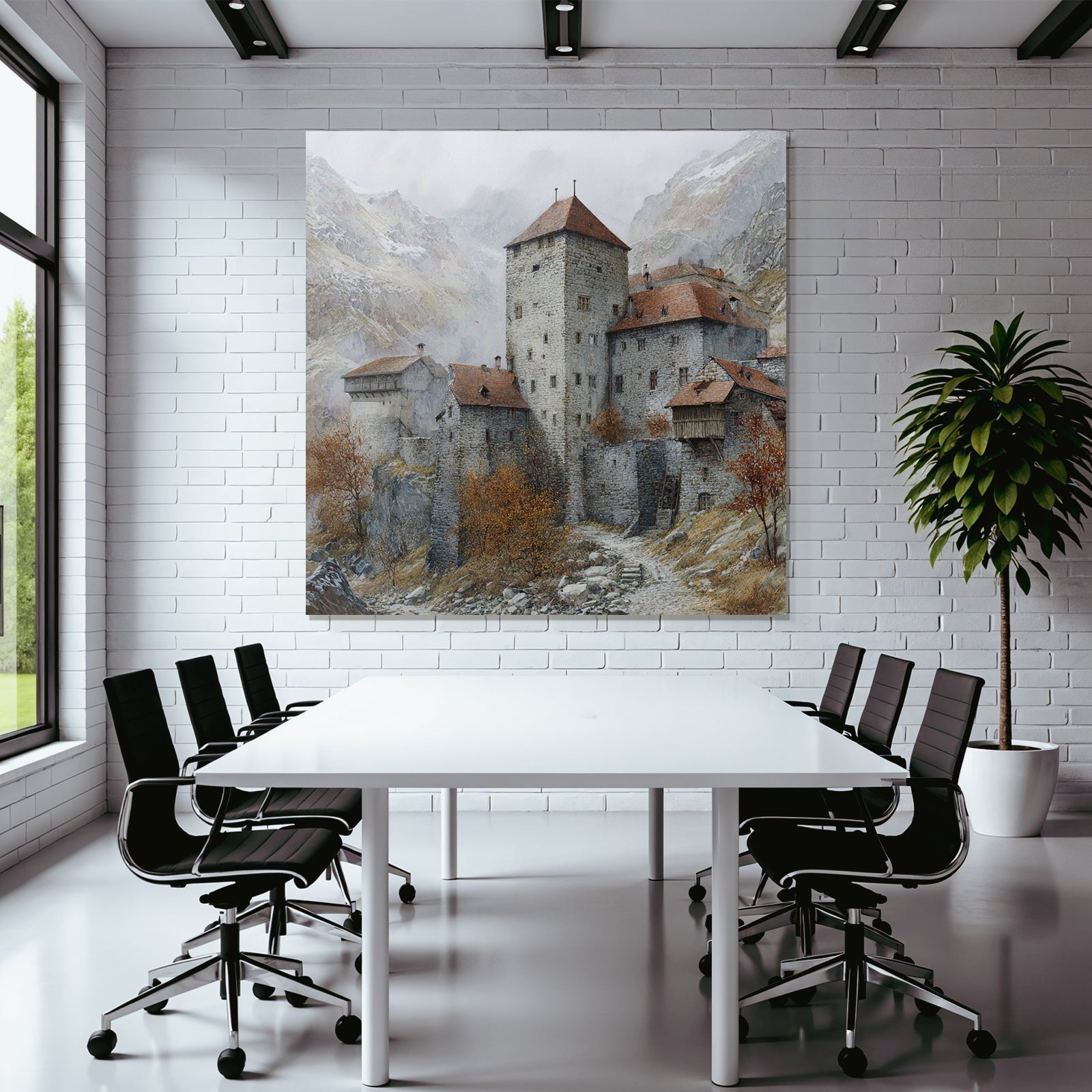 Medieval castle in autumn landscape with misty mountains