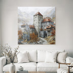 Medieval castle in autumn landscape with misty mountains