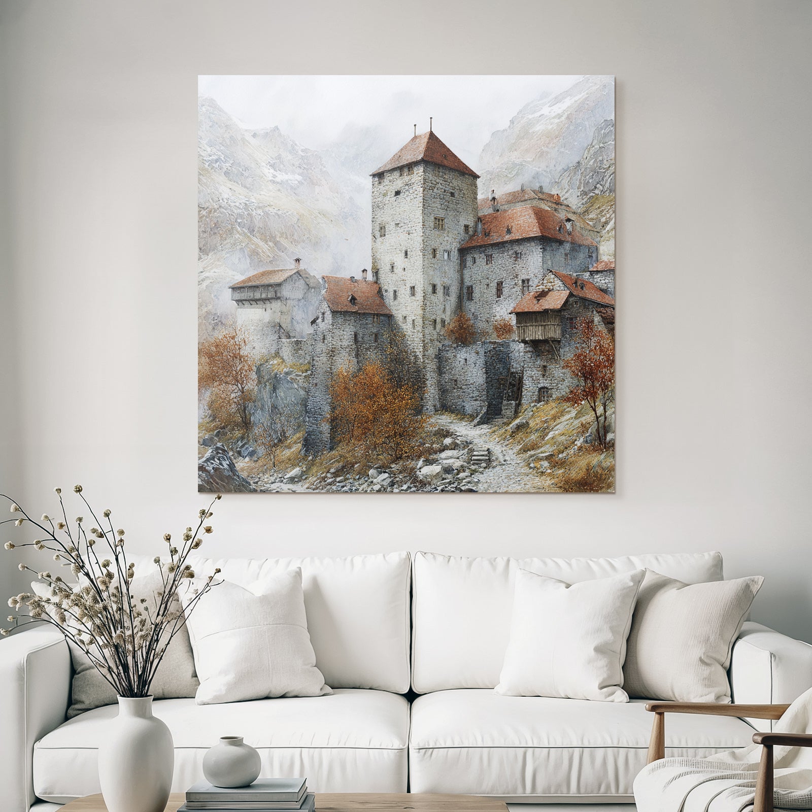Medieval castle in autumn landscape with misty mountains