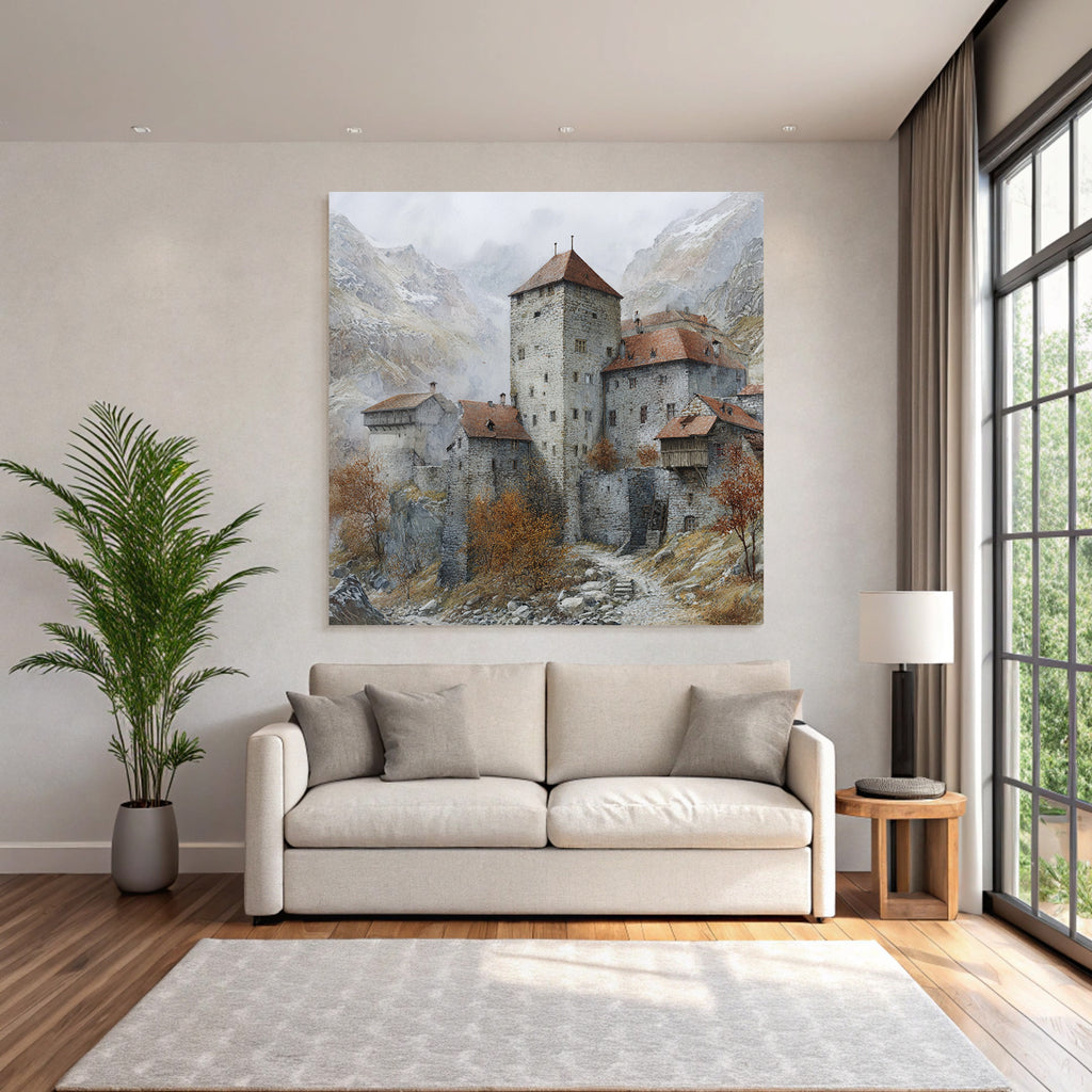 Medieval castle in autumn landscape with misty mountains
