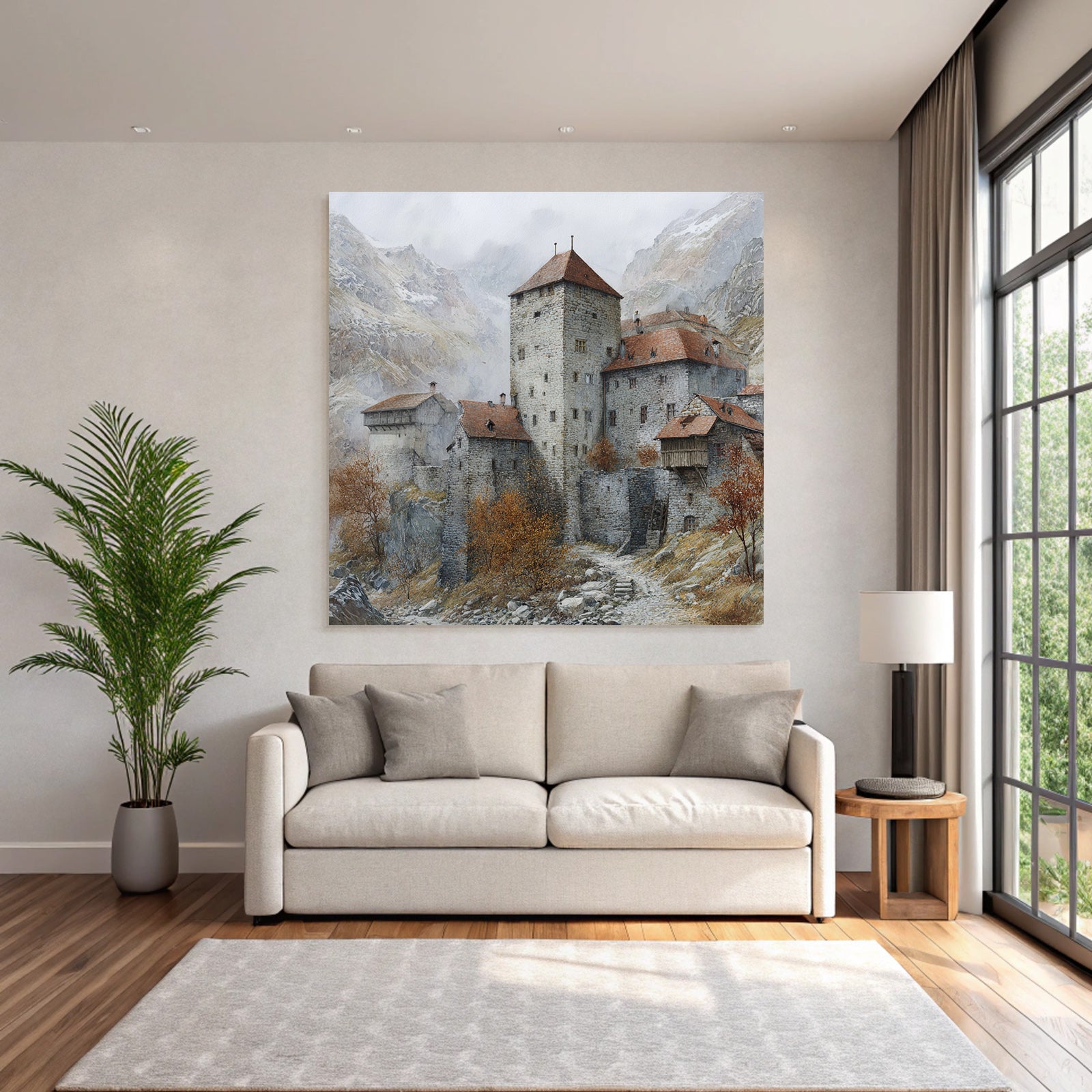 Medieval castle in autumn landscape with misty mountains