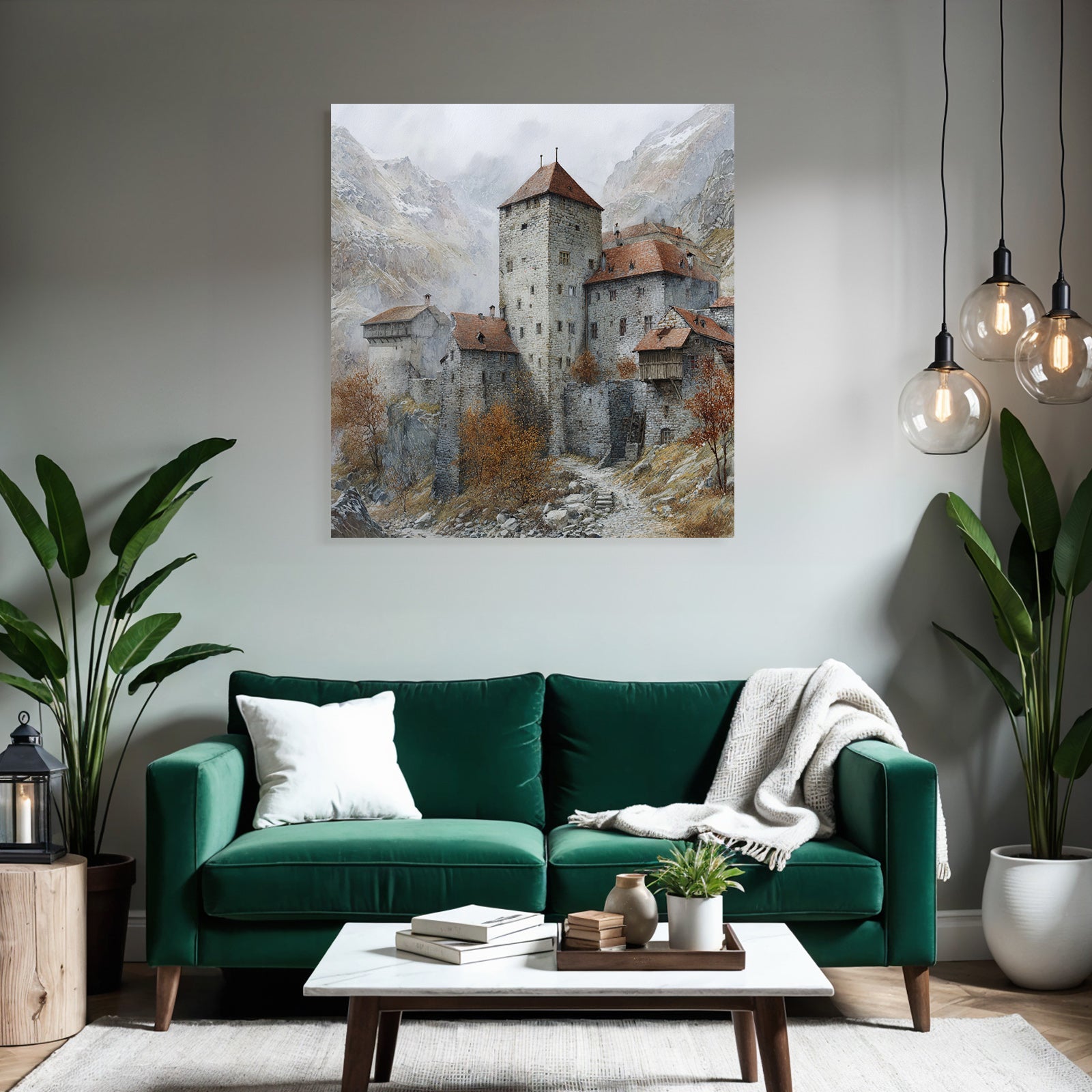 Medieval castle in autumn landscape with misty mountains